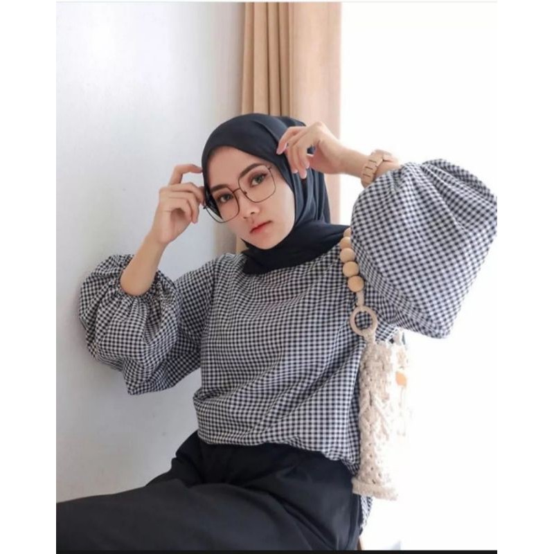 atasan blouse wanita kotak kotak tangan balon