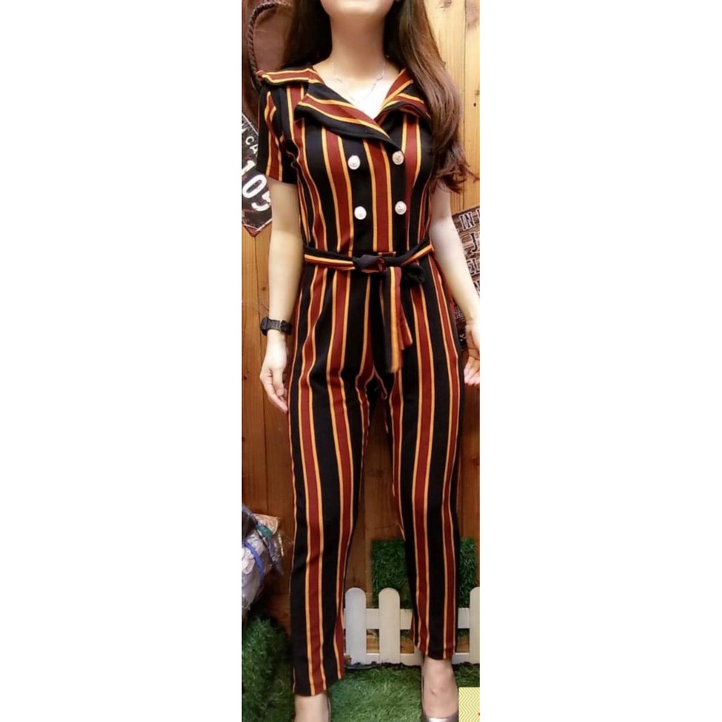 kathryn collection #009, Jumpsuit salur crepe super premium celana panjang tangan pendek