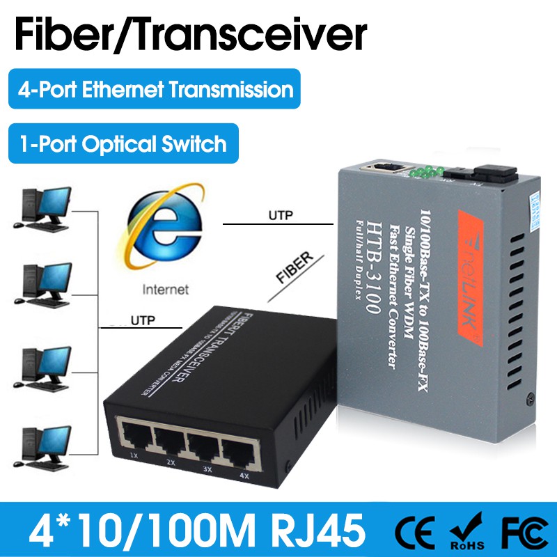 10 /100Mbps Fast Ethernet Fiber Optical Media Converter Single Mode 20KM 4 RJ45