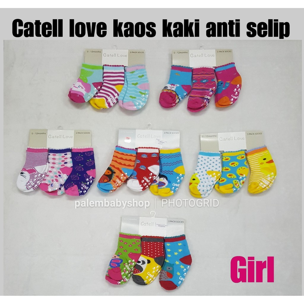 kaos kaki bayi boy&amp;girl anti selip tebal catell love 0-12 bulan 3pcs 114711