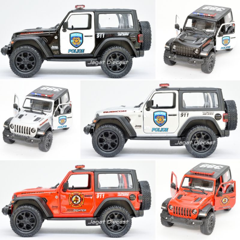 Kinsmart 2018 Jeep Wrangler Rubicon Police Fire Fighter Mainan Mobilan Jip Polisi Pemadam Jagat Diec