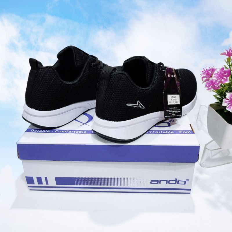 ANDO Rebecca Saga Asli Original Sepatu Sekolah Wanita Cewek Hitam Putih Black White Kekinian Berkualitas-7