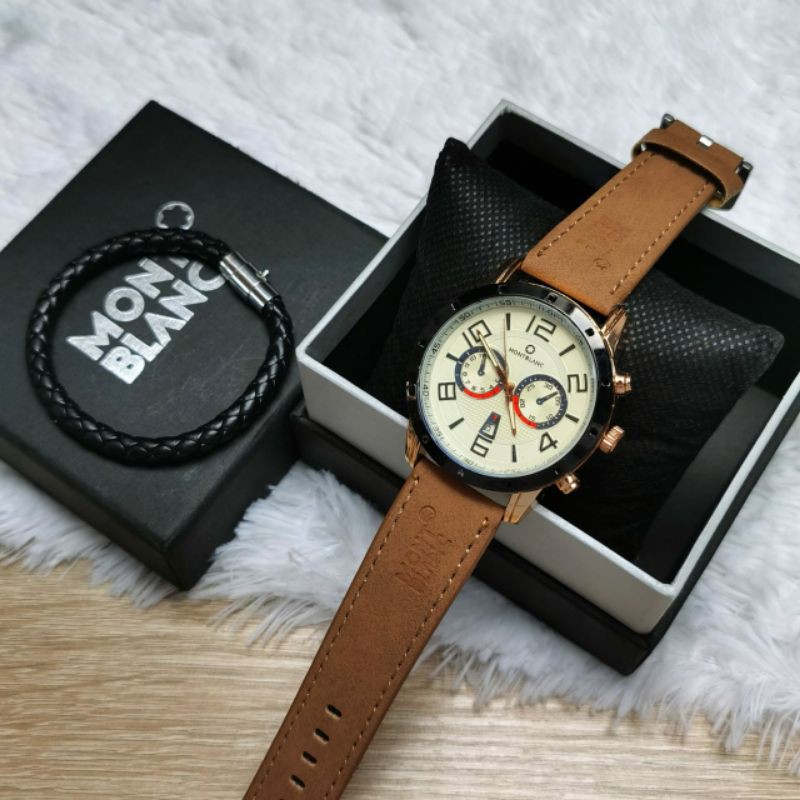 MONTBLANC Jam Tangan Pria Analog Leather Strap 45mm Free Gelang