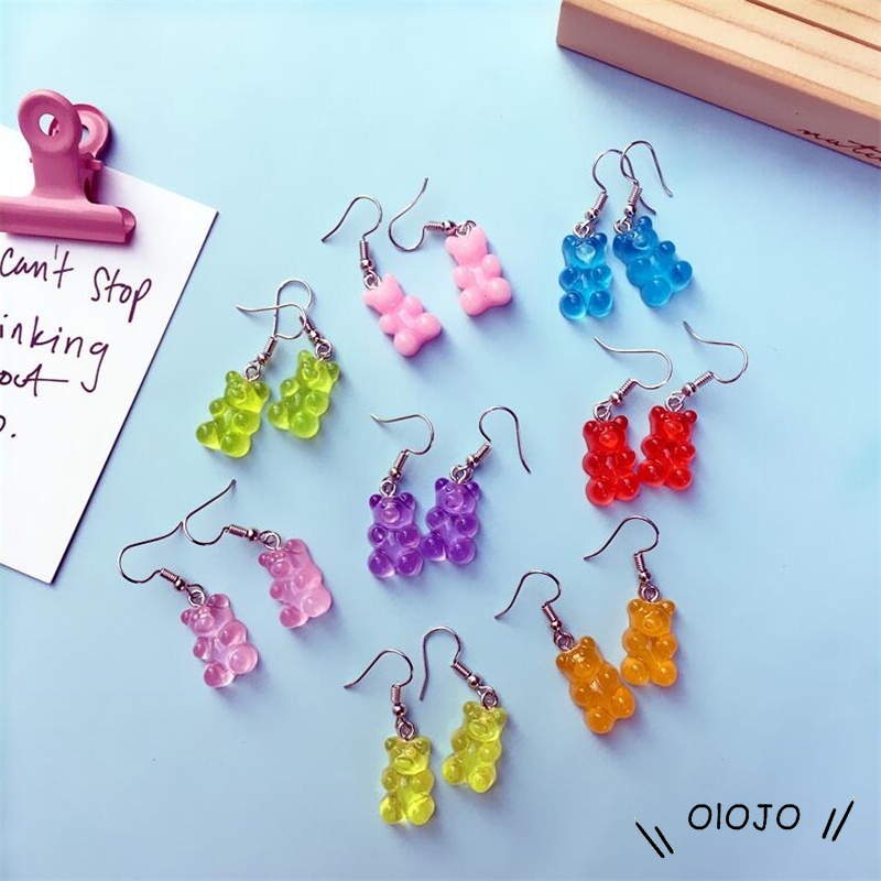 1 Pasang Anting Kait Gantung Wanita Desain Beruang Gummy Hias Kristal Warna Permen Untuk Hadiah - ol