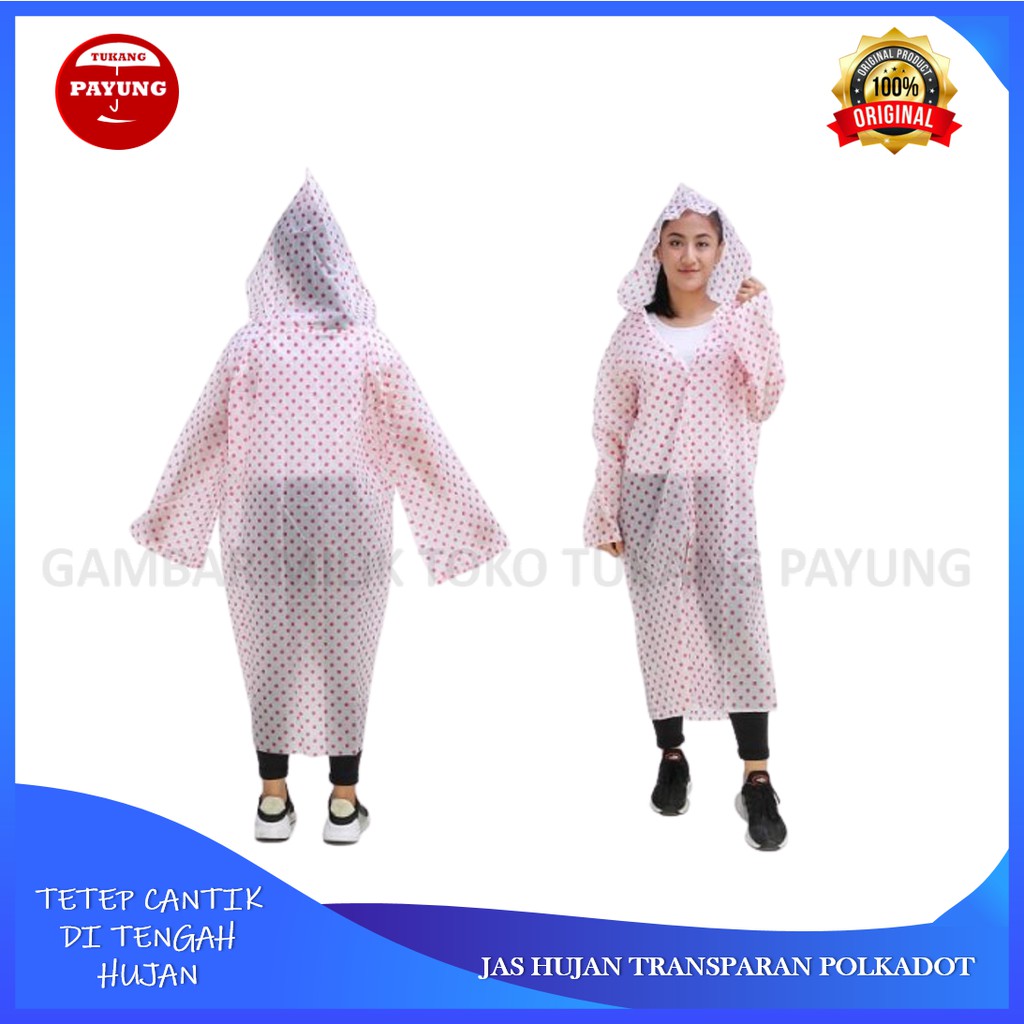 jas hujan wanita rok plastik transparan gamis motif polkadot