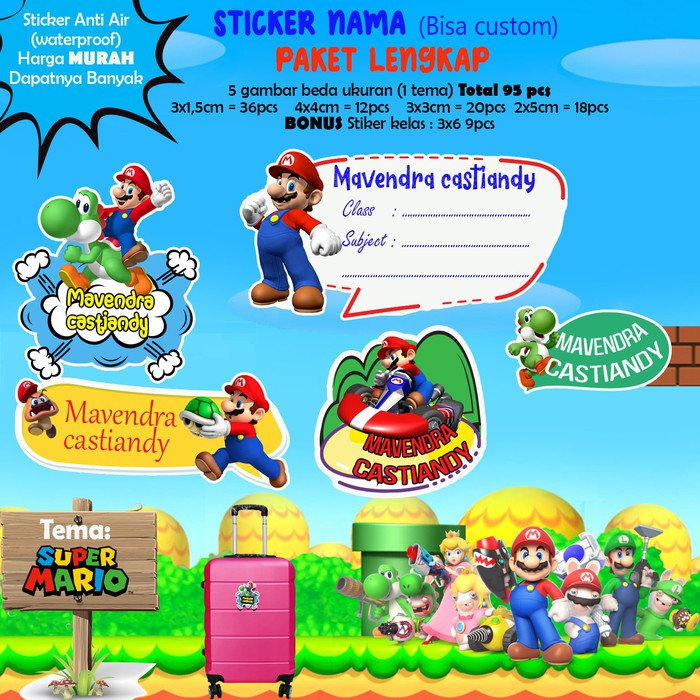 

Sticker Nama Lucu/Custom/Kartun/Cartoon/Waterproof - SUPER MARIO 95pc