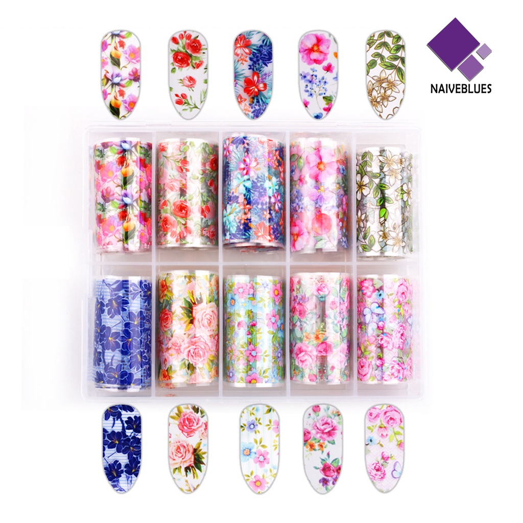 Naiveblue 10Pcs / Kotak Stiker Kuku Transfer Motif Bunga / Aurora / Langit Berbintang Untuk Dekorasi Nail Art / Manicure