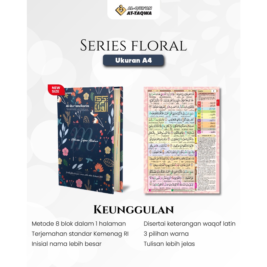 AL QURAN BESAR UKURAN A4 AL QURAN ATTAQWA MOTIF FLORAL, MILLENIAL & LUXURY CUSTOM NAMA A4 AL-QURAN H