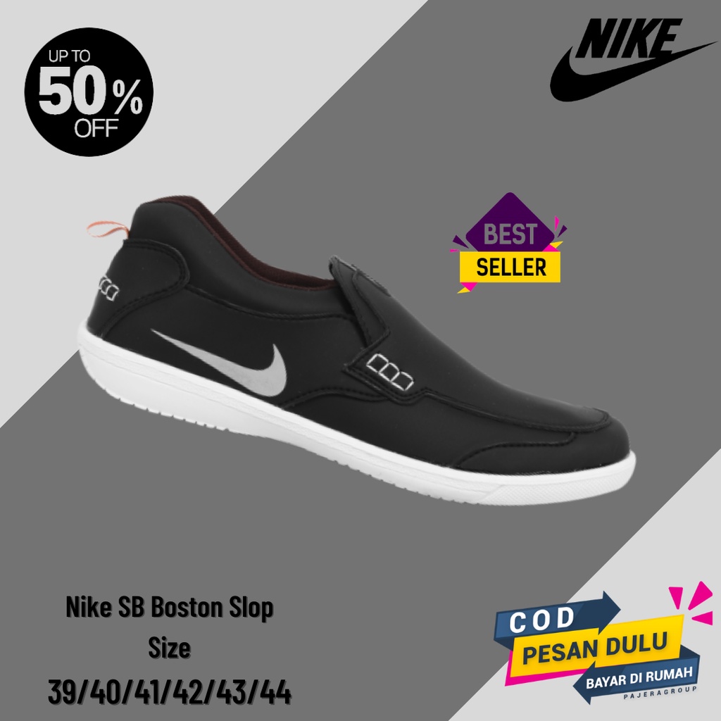 BIG PROMO!! Sepatu Cowok Nike Boston Hitam Slip On Casual Kerja Santai Shoes Sport Pria Selop Keren