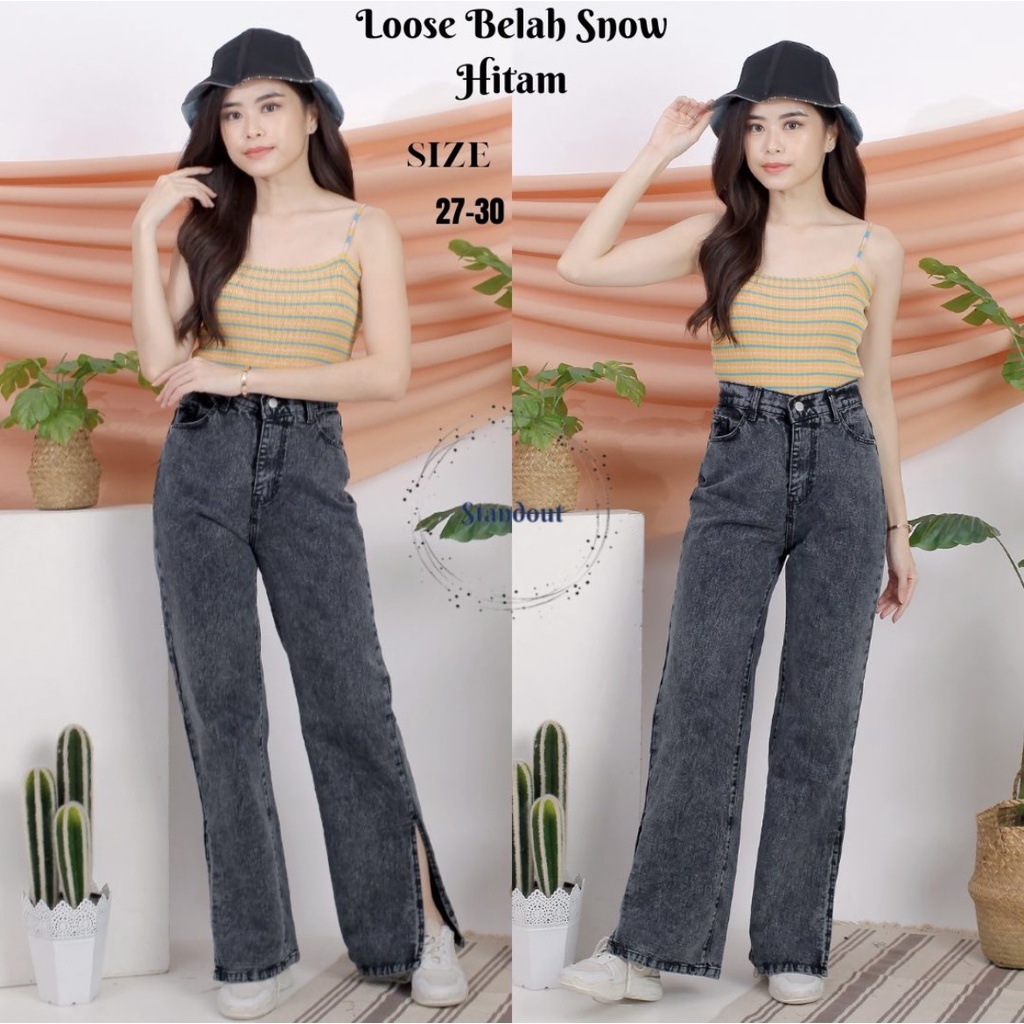 Loose 009 // Celana Highwaist Loose Wanita // Loose Belah Snow Black Jeans // Warna HITAM SNOW Tidak