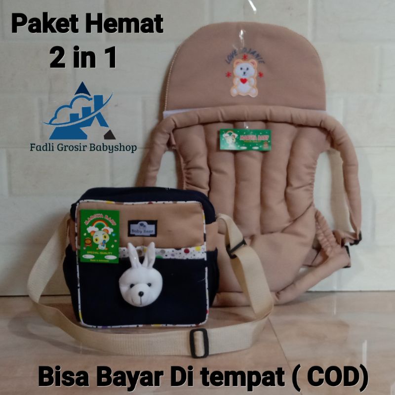 Paket Hemat ( 2 In 1 ) Tas Bayi Strip Boneka Dan Gendongan Bayi Depan Topi Bordir