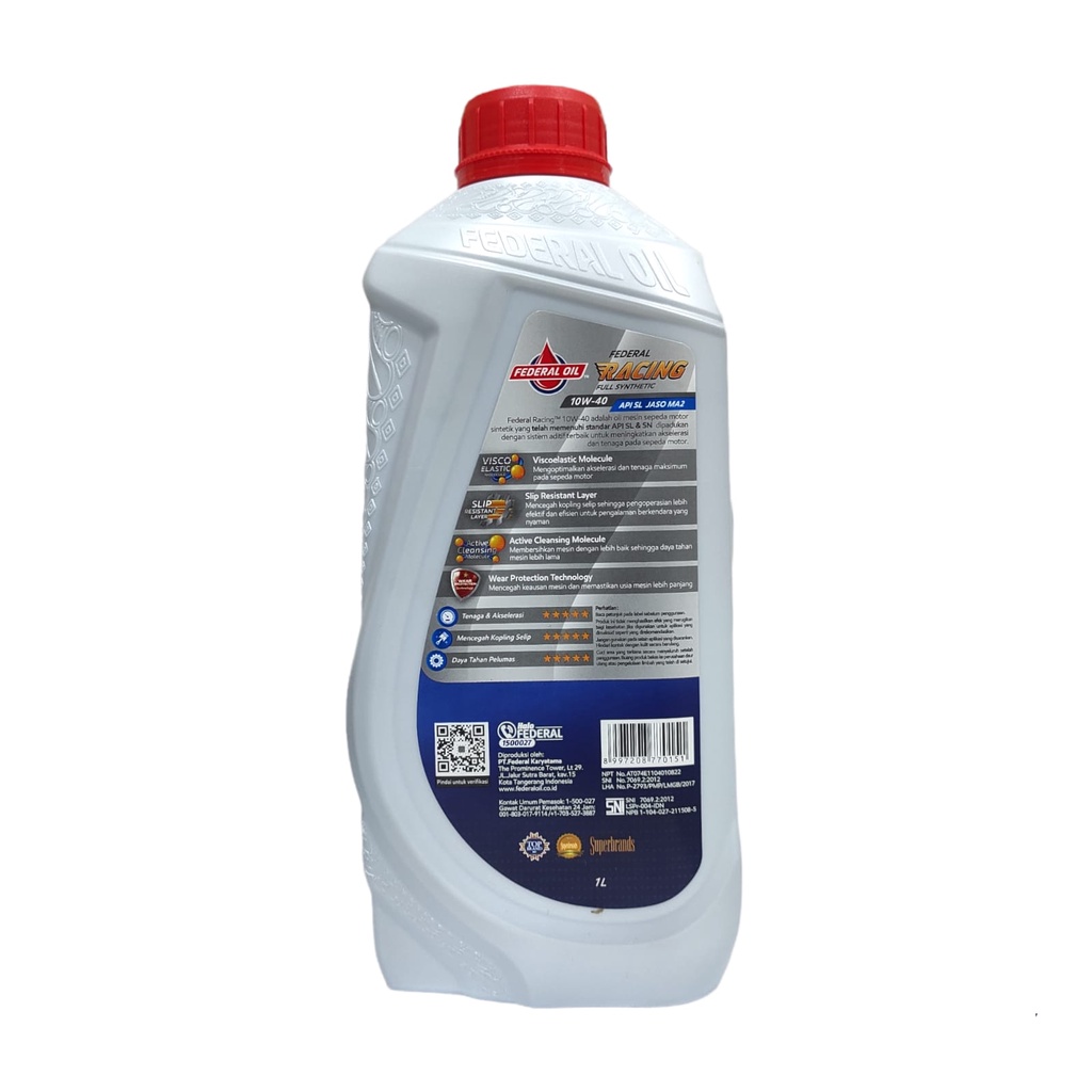 Oli Federal Racing 10W 40 API SL JASO MA2 FULL SYNTHETIC 1 LITER