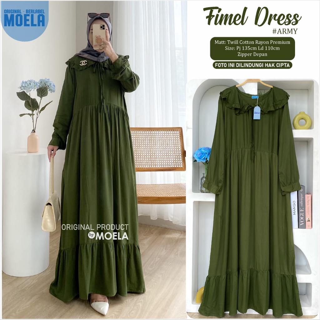 Fimel Midi Dress by Moela Berlabel Bahan Rayon Premium Motif Polos - Gamis Rempel Kuliah Syari