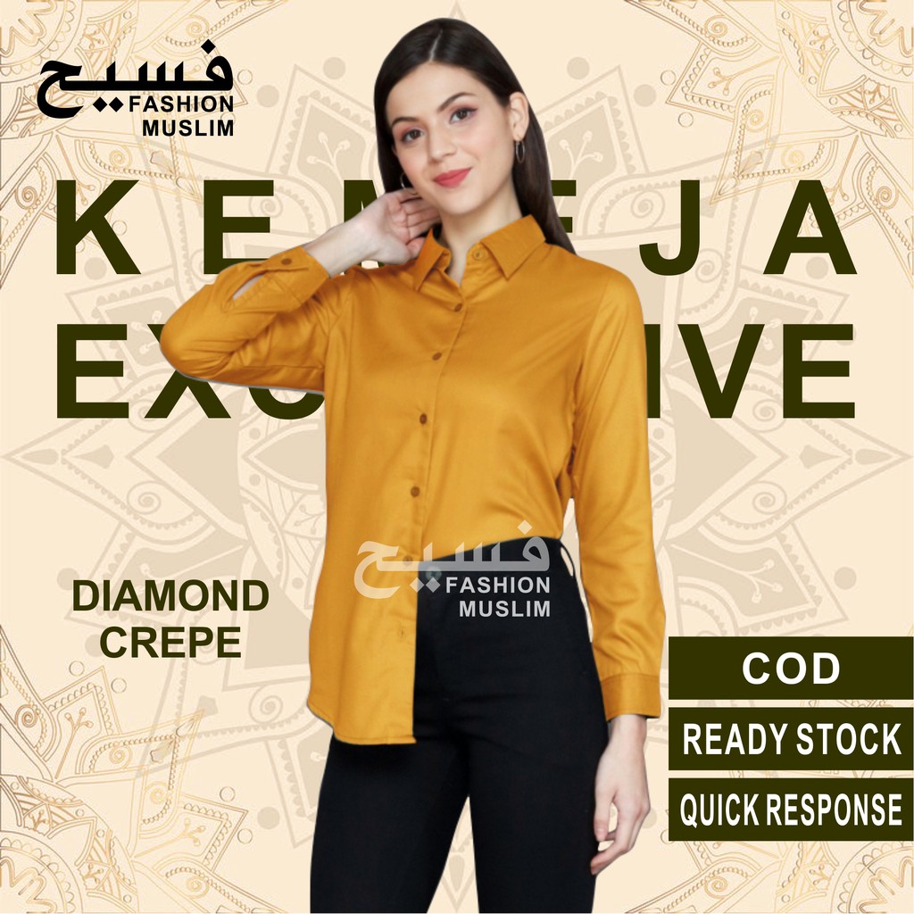 kemeja wanita polos lengan panjang basic kekinian hem cewek baju kantor slimfit simple terbaru murah-MUSTARD