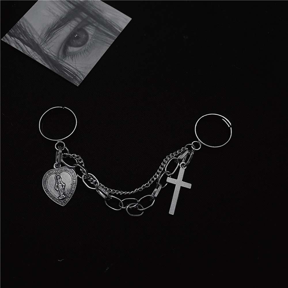 MXBEAUTY Punk Open Rings Harajuku Fashion Jewelry Cross Rings Heart Adjustable Chain Multi-layer Men Alloy Goth Jesus Pendant Rings/Multicolor