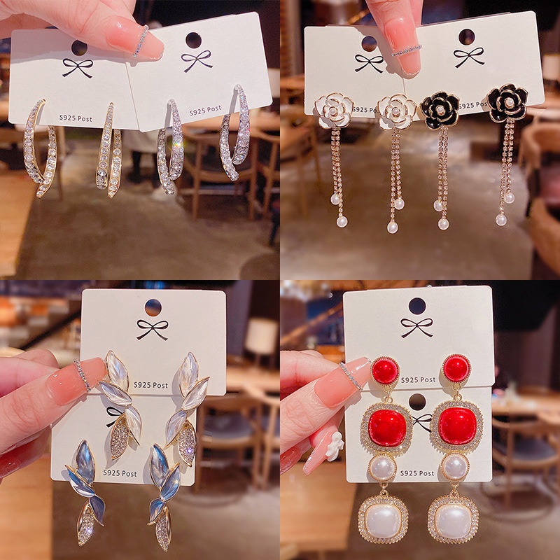 Anting S925 Silver Needle Hias Mutiara Gaya Retro Earrings