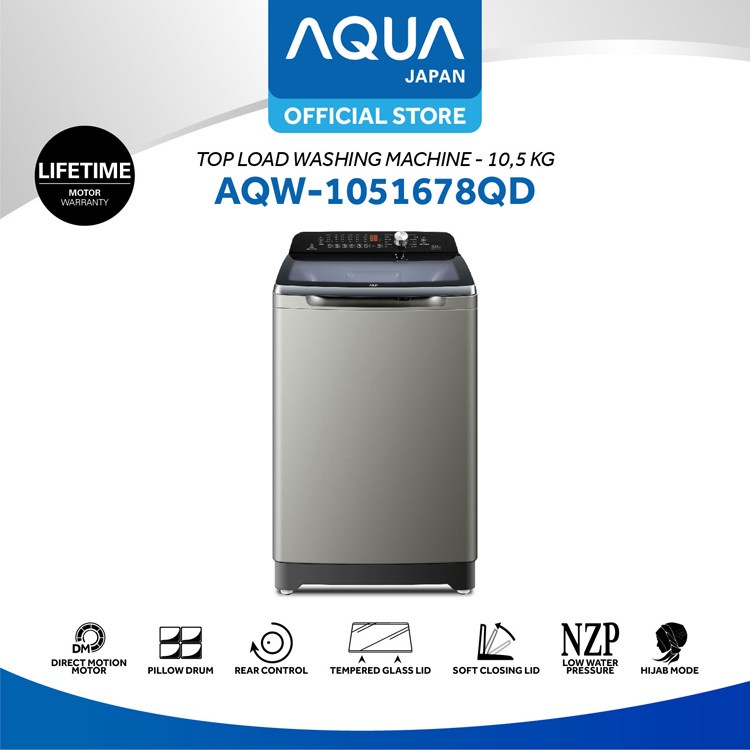 MESIN CUCI 1 TABUNG AQUA JAPAN AQW 1051678 QD TOP LOADING 10 KG inverter