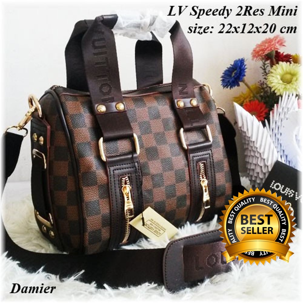 Tas Wanita Import Hand Bags Branded Lv Speedy 2 Resleting Mini Bahan Kulit Kanvas Tali Panjang Warn