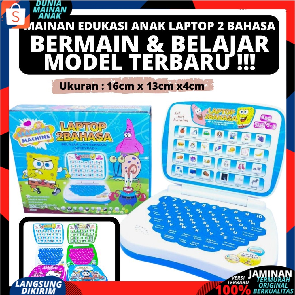 Mainan Edukasi Anak Laptop Buat Belajar 2 Bahasa Karakter Lucu Bahan Bagus Kado Ulang Tahun SNI