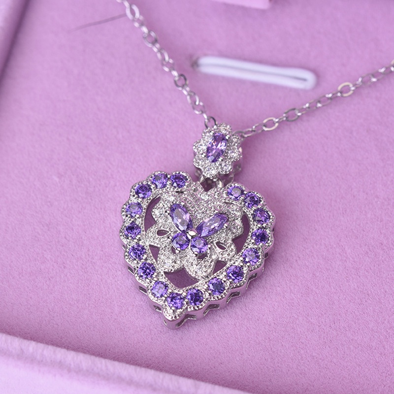 Kalung Rantai Sterling Silver 925 Dengan Liontin Kupu-Kupu + Berlian + Batu Amethyst + Zircon Untuk Wanita