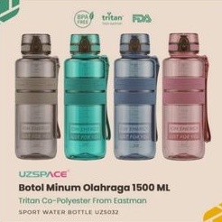 UZSPACE 5032 Botol Minum Olahraga Besar 1.5 Liter USA Tritan - Grey