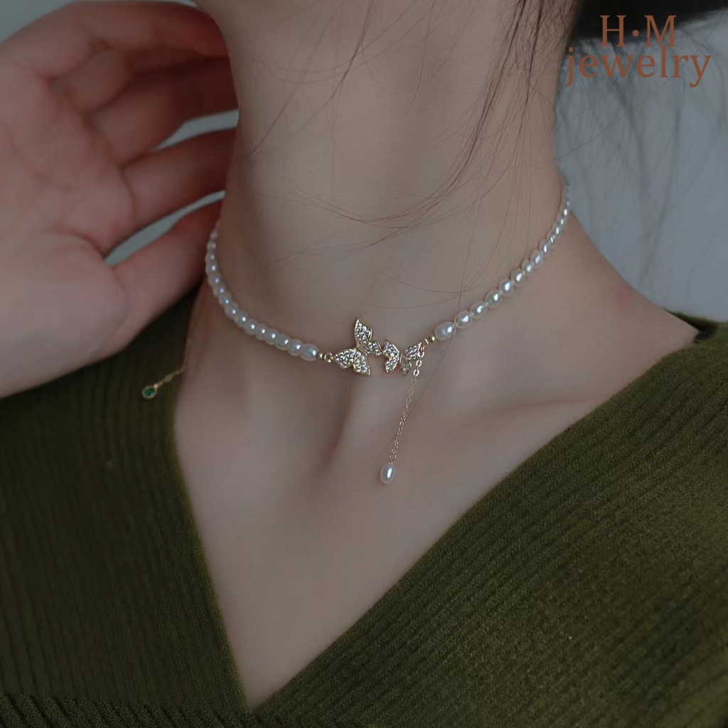 Kalung Rantai Dengan Liontin Kupu-Kupu + Mutiara Retro Mewah Untuk Wanita