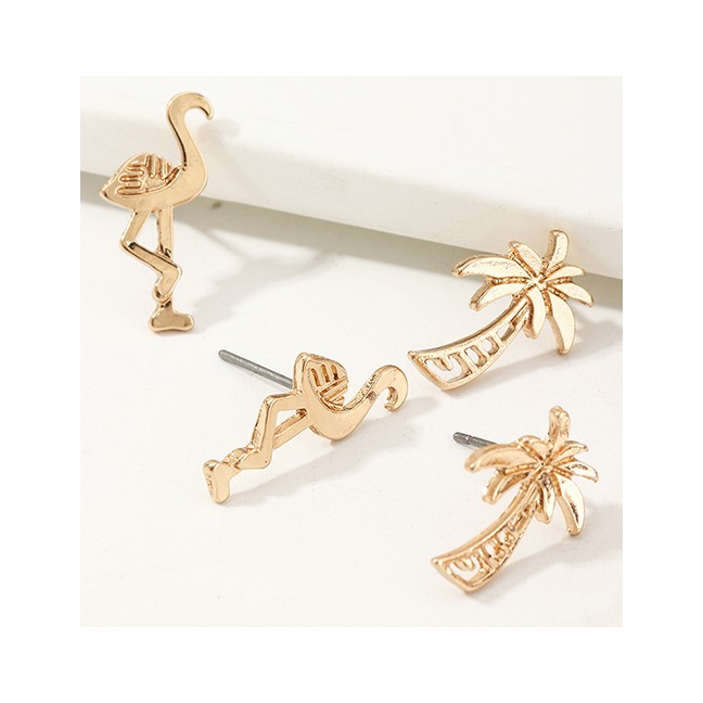 LRC Anting Set Fashion Golden Alloy Flamingo Pineapple Earrings 3 Pairs D91980