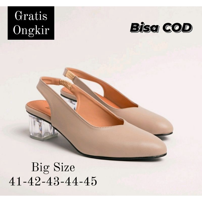 Sepatu Kaca Wanita BIG SIZE 41-45 /Sepatu Sendal Heels Premium Size JUMBO Krem JV090 Ori, 44