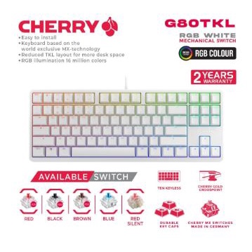 Keyboard gaming mechanical mx cherry wired usb 2.0 tkl 88 keys white g80-3000s 3000 s rgb