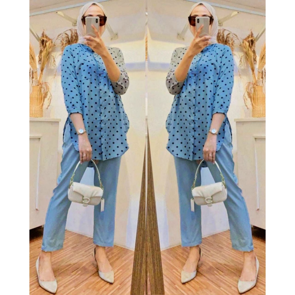 Berryset One Set Wanita Polkadot Shakila Kield Premium Baju Setelan Wanita Kekinian Set Celana Baggy Pants LD 110 cm