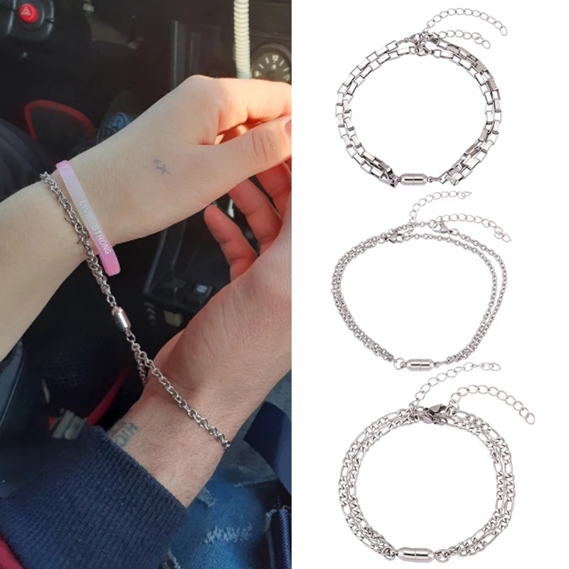 2pcs / Set Gelang Rantai Magnet Bentuk O Bahan Stainless Steel Ukuran 4mm Untuk Pasangan