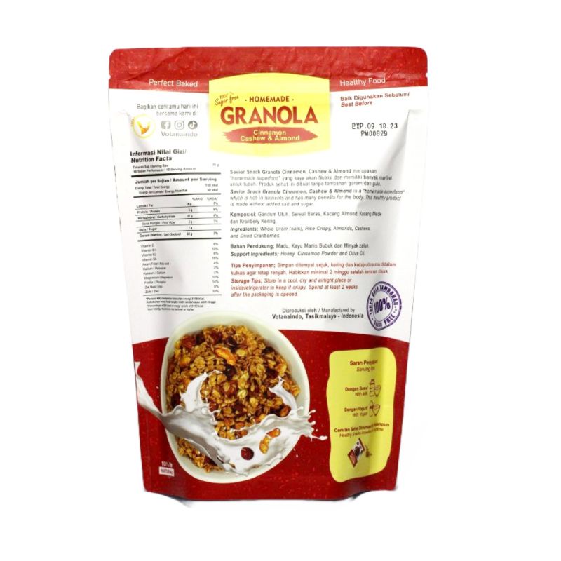 GRANOLA CRUNCHY CINNAMON CASHEW ALMOND - SEREAL MAKANAN SEHAT SARAPAN PRAKTIS BERGIZI TINGGI NUTRISI BAHAN ORGANIK ALAMI TANPA PENGAWET - HIGH QUALITY - SAVIOR SNACK - GRANOLA SWEET HONEY 300g