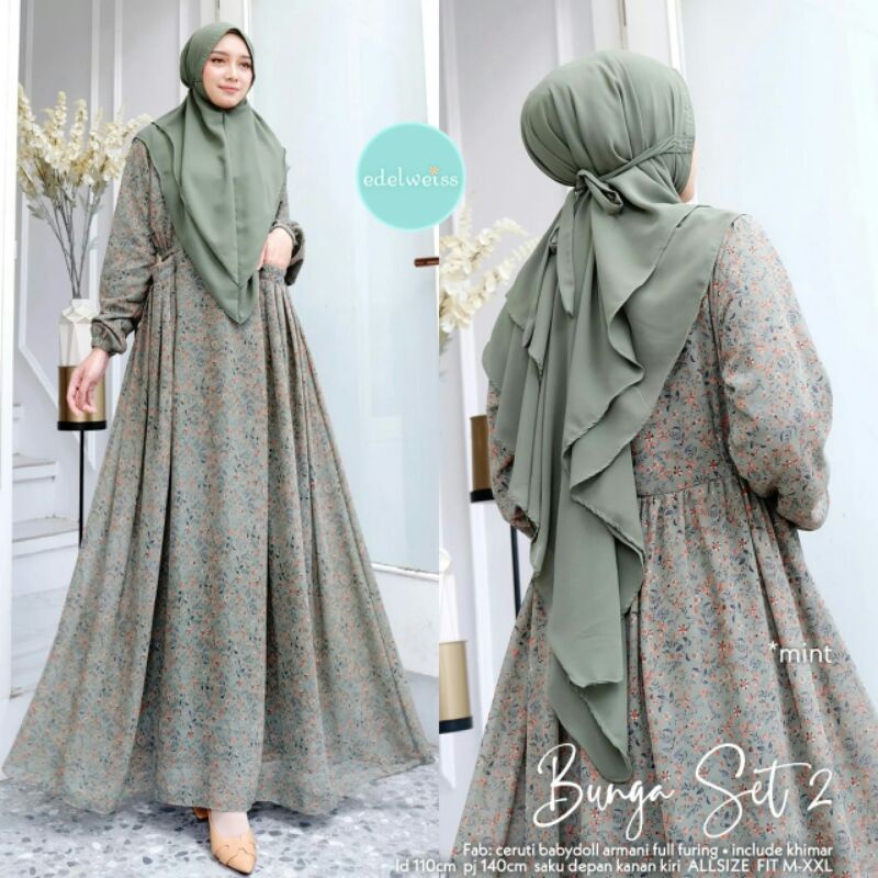 BUNGA SET 2 BY EDELWEISS||CERUTY BABYDOLL ARMANI FULL. FURING INCLUDE KHIMAR LD 110 PJ 140