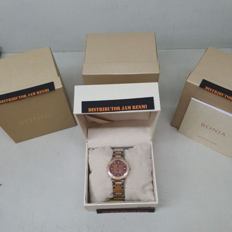Jam Tangan Wanita Bonia BNR144-2645 Silver Rose Gold Dial Brown Stainless Quartz