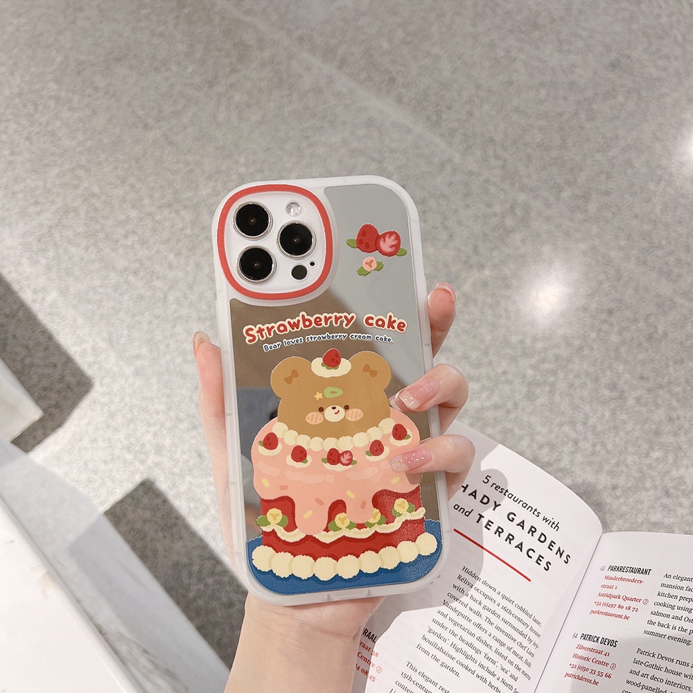 IPHONE Case Kaca Mata Besar Cermin Make Up Kue Beruang Lucu Untuk Iphone11 8 7 Plus SE2 XS XR 12 13 Mini PRO MAX Casing Cover Pelindung