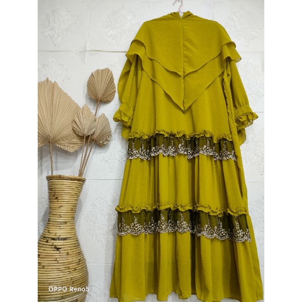 Gamis Syari Ceruty Renda Besar-Lemon