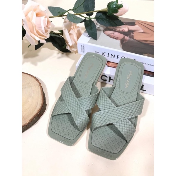 Sandal Slop Silang Anyaman Import Mokaya 213-68-Hijau Olive