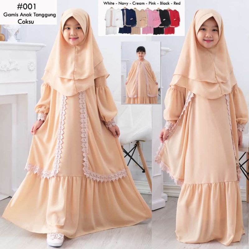 Gamis Anak Perempuan warna Coklat Cream, Navy, Pink umur 6 - 8 Tahun.