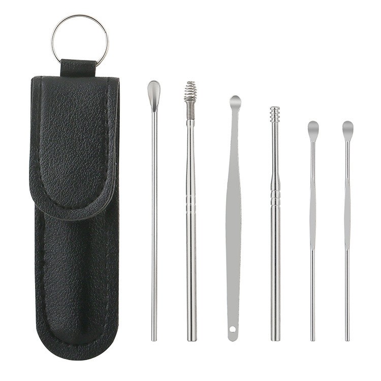 Gantungan Kunci Kulit Alat Pembersih Telinga Korek Kuping Ear Wax Picker 1 Set 6 Pcs Stainless Steel