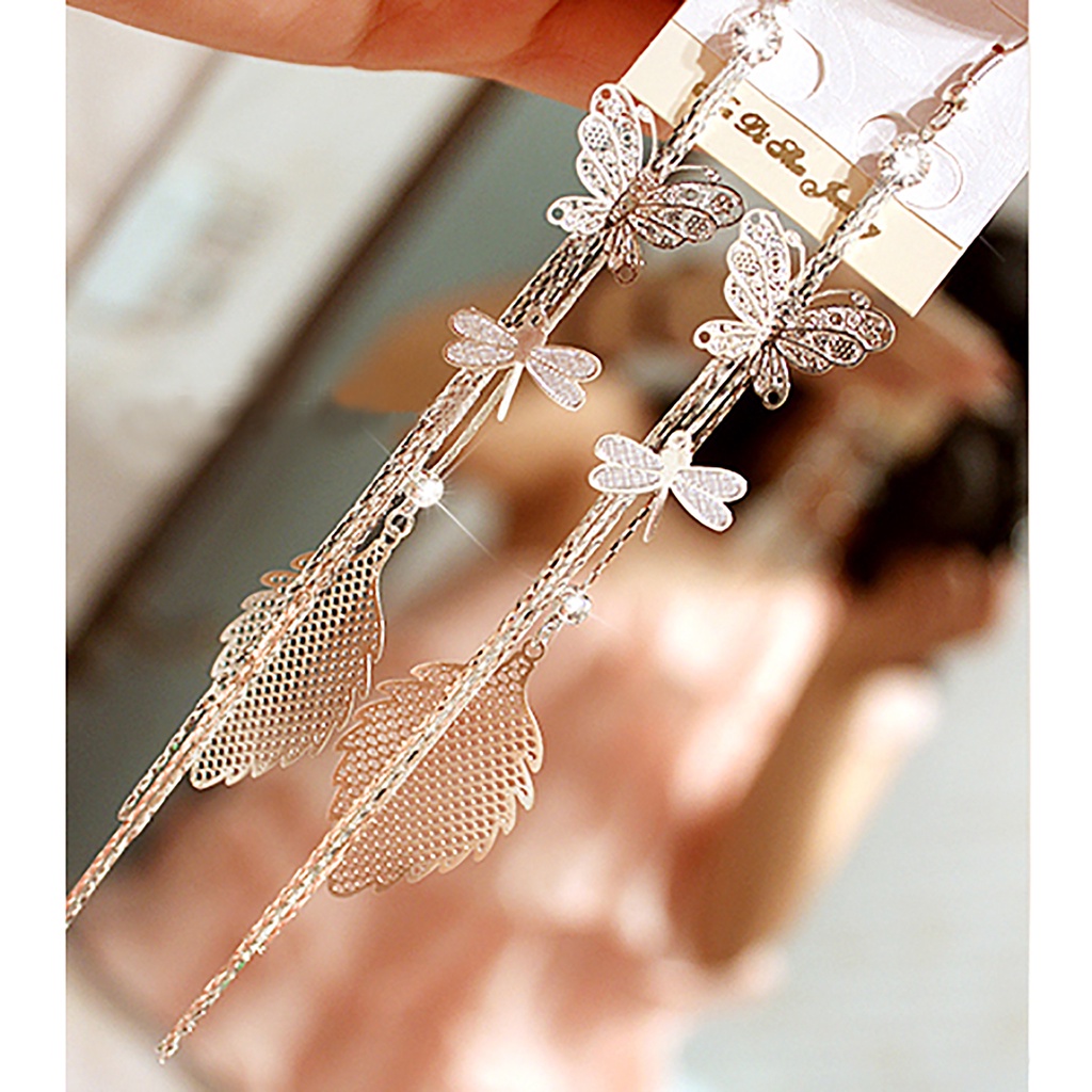 Hu Hu Hu Hu Hu Alat Bantu Pasang Kacamata♡ 1 Pasang Anting Rantai Rumbai Desain Butterfly Dragonfly Leaf Linear Aksen Berlian Imitasi Untuk Wanita