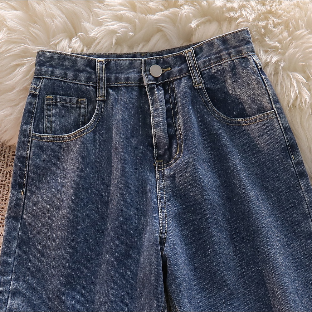 Biru Keren Terbaru Highwaist Lurus Loose Celana Jeans Panjang Wanita Import【COD】