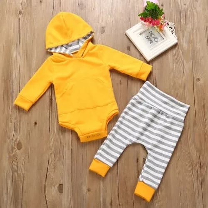 baju bayi jumper segitigia motif hoddie kuning dengan celana for baby NB-2 tahun