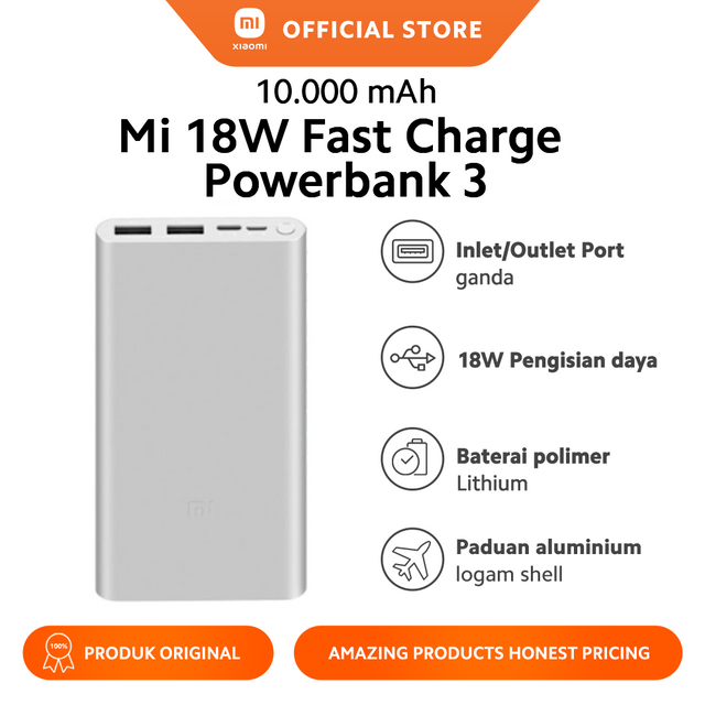 Xiaomi Mi 18W Fast Charge Powerbank 3, Input Type C & Micro, Dual Output Type A, 10.000 mAh Silver