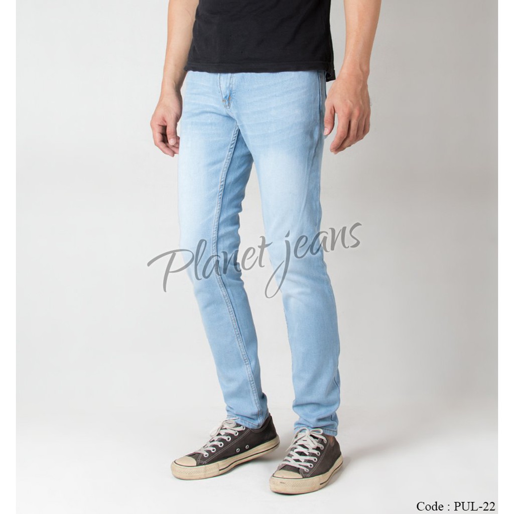 Celana jeans panjang skinny pria blue washed Denim skiny warna Vintage Blue Cowok PUL22