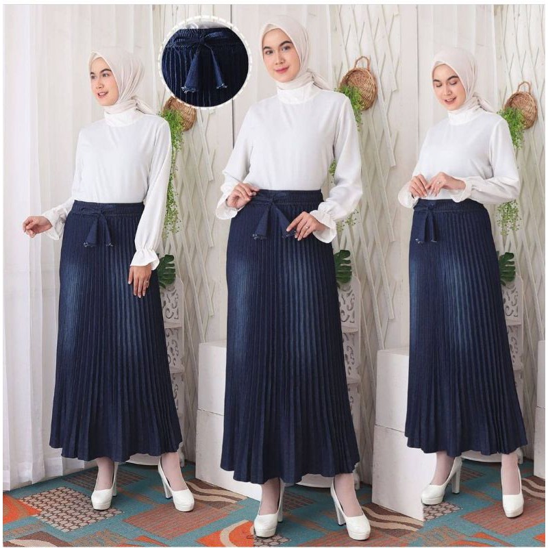ROK PANJANG JEANS PLISKET WARNA NAVY BLUE