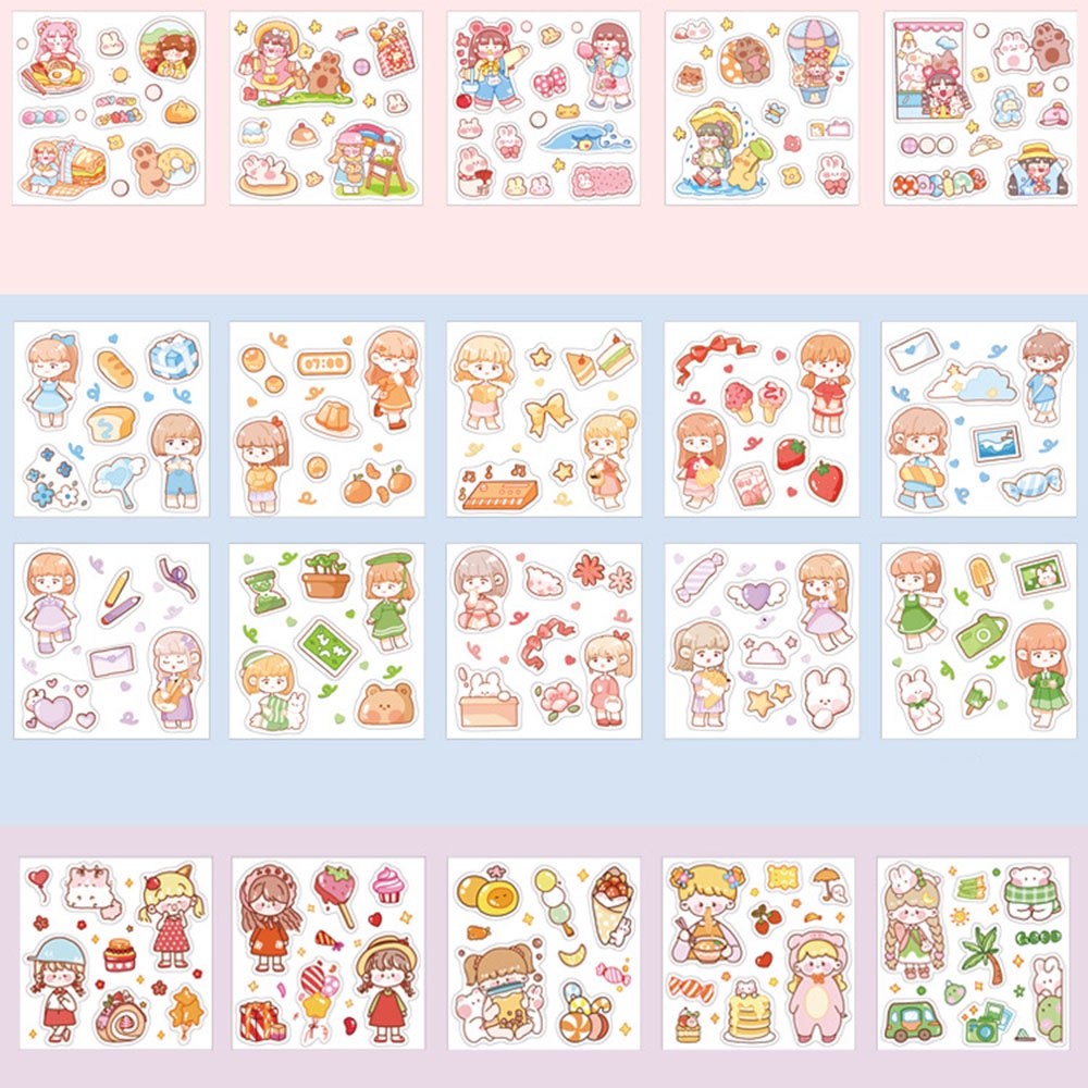 ELEGANT 100 pcs/box Kawaii Sticker Set Cute Pink Yellow Green Stationery PET Decorative Sticker DIY Scrapbooking Waterproof Bear Bunny Rabbits Cartoon Drink Food Animals Girls Pattern Vitality Magic Adhesive Decals