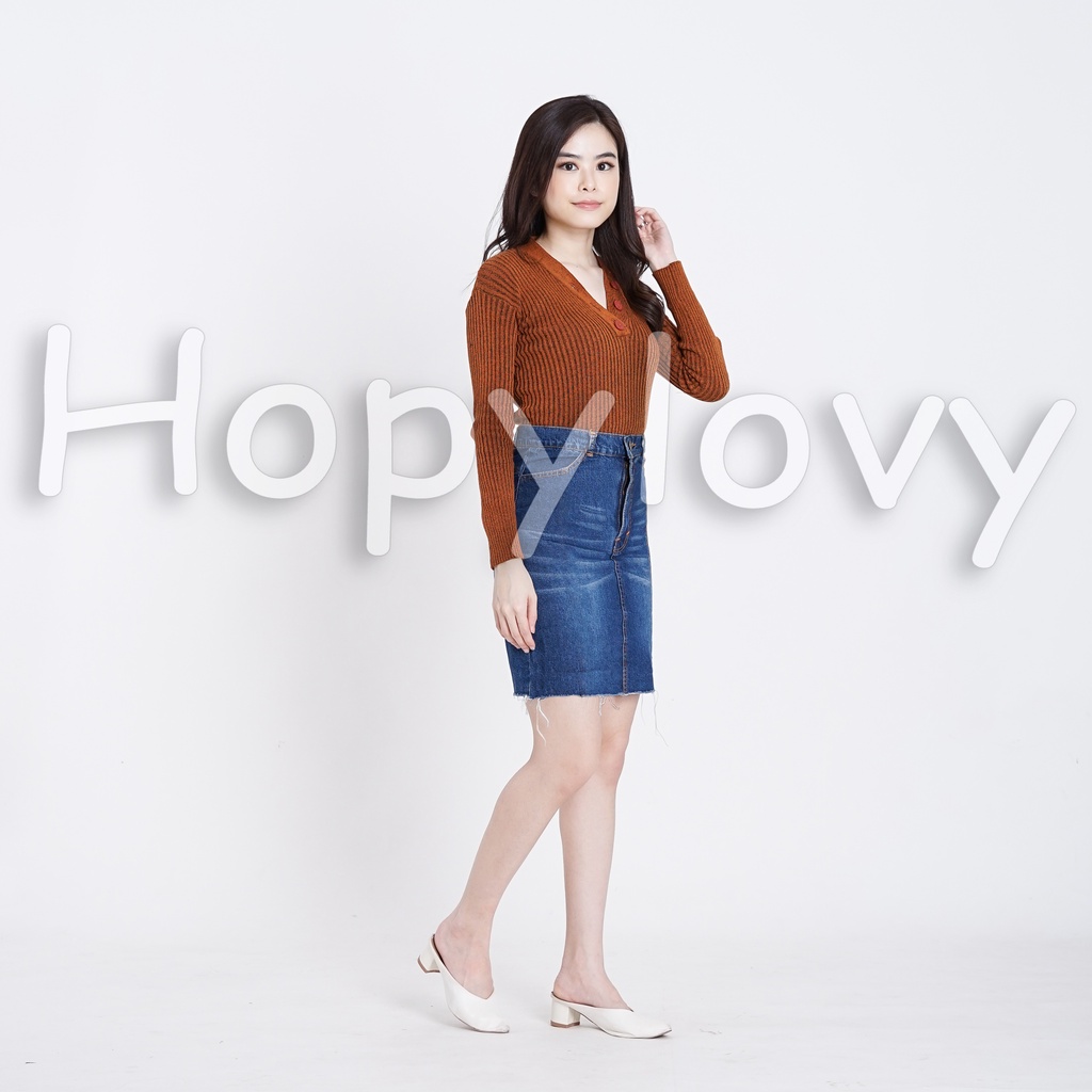 HOPYLOVY Rok Jeans Span Midi Selutut Fringe Linzy