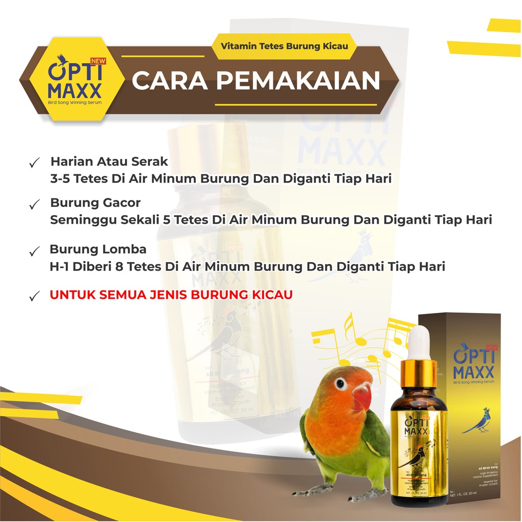 Optimaxx - Bird Song Winning Serum Suplemen Vitamin Penambah Stamina Burung Penggacor Gacor Lomba Lovebird Murai Batu Love Bird Lovebird Kenari Kacer Pleci Cucak Rowo Cucak Ijo Isi 60ml