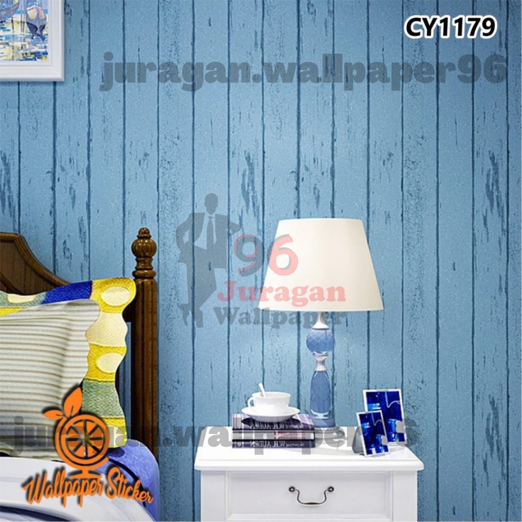 (PROMO) Juragan Wallpaper Stiker Dinding Motif Salur Kayu Biru Bahan PVC Premium Anti Noda dan Anti 