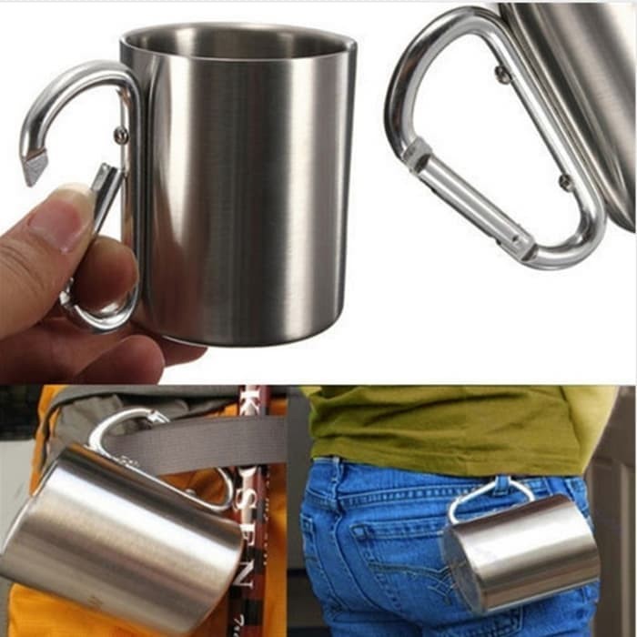 Cangkir gelas camping Stainless Steel besar 220ml dengan carabiner